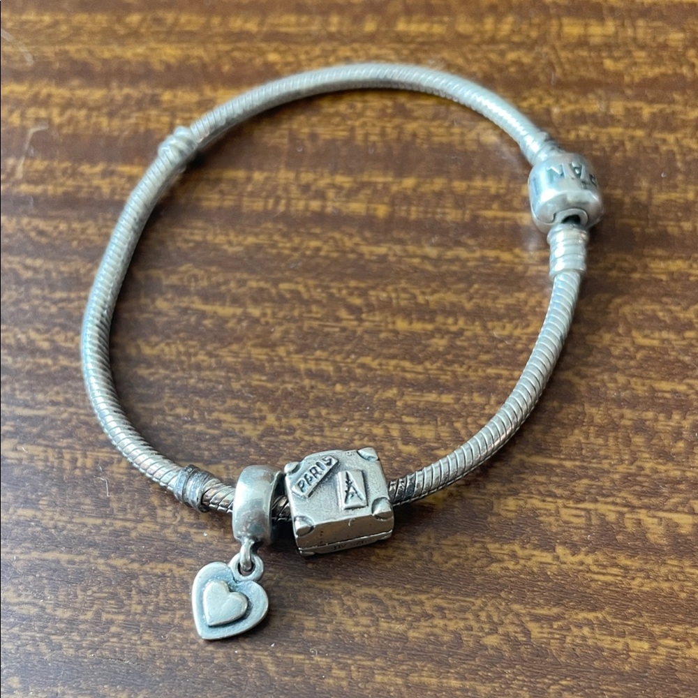 Pandora Sterling Silver Snake Chain Bracelet with Travel Suitcase & Heart charm